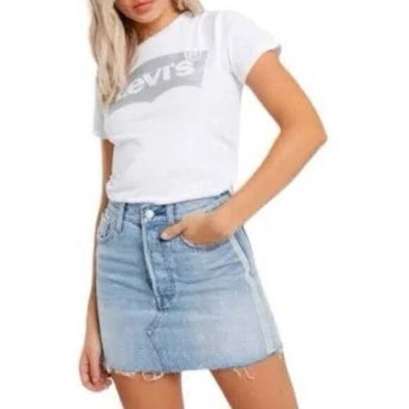 Levi's Blue Rhinestone Strip Trim Deconstructed Cut Off Pencil Denim Skirt Sz 26 - Picture 1 of 10